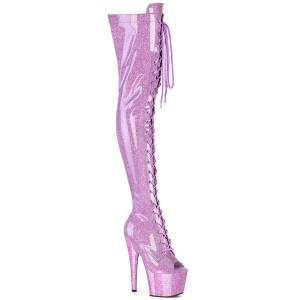 Glitter 18 cm PEEP TOE purple thigh high boots with laces high heels