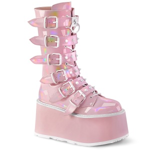 Hologram 9 cm DAMNED-225 plateau halfhoge laarsjes dames met gespen roze