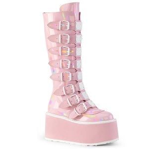 Hologram 9 cm DAMNED-318 plateau kniehoge laarzen dames met gespen roze