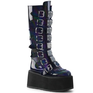 Hologram 9 cm DAMNED-318 plateau kniehoge laarzen dames met gespen zwart