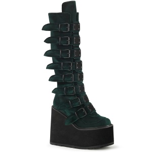 Sleehakken 14 cm S815 Fluweel groene plateau laarzen dames met gespen