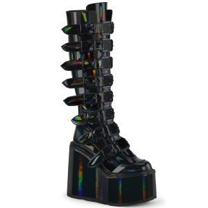 Sleehakken 14 cm S815 Hologram zwarte plateau laarzen dames met gespen