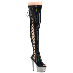 Strass 18 cm open toe Zwart overknee boots hoge hakken met veters