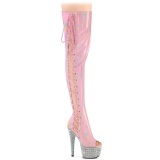 Rhinestones 18 cm open toe rose thigh high boots with laces high heels