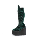 Sleehakken 14 cm S815 Fluweel groene plateau laarzen dames met gespen