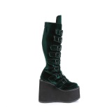 Sleehakken 14 cm S815 Fluweel groene plateau laarzen dames met gespen