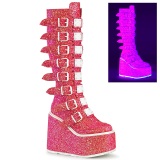 Sleehakken 14 cm S815 neon roze plateau laarzen dames met gespen