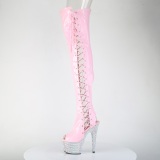 Strass 18 cm open toe roze overknee boots hoge hakken met veters