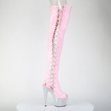 Strass 18 cm open toe roze overknee boots hoge hakken met veters